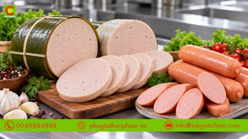 Giò chả và xúc xích có kết cấu mịn, đồng nhất nhờ sự liên kết giữa protein thịt, nước và chất béo