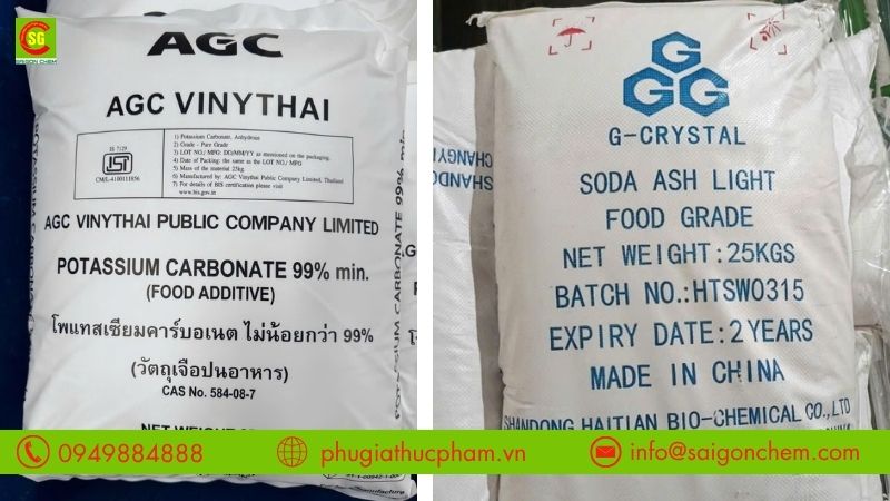 Hai loại phụ gia kali cacbonat K2CO3 và natri cacbonat Na2CO3 được được dùng làm nguyên liệu tạo kiềm