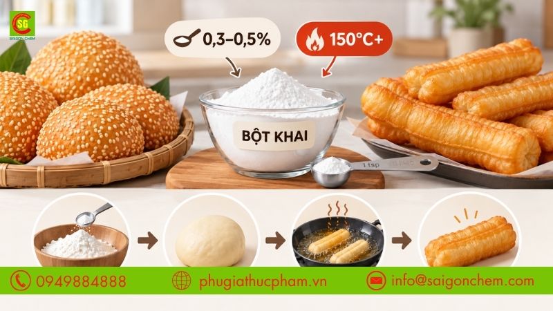 Hướng dẫn định lượng và sử dụng bột khai trong quá trình chiên nướng để tạo độ giòn xốp cho bánh tiêu và bánh quẩy