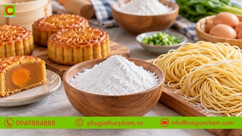  K2CO3 có dạng bột trắng được sử dụng trong sản xuất mì, bánh trung thu và chế biến thực phẩm