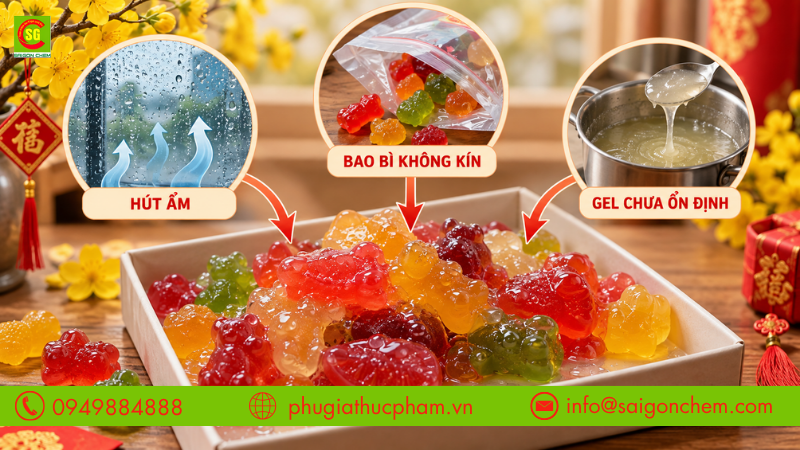 Kẹo dẻo bị chảy nước do hút ẩm, bao bì không kín hoặc cấu trúc gel chưa ổn định