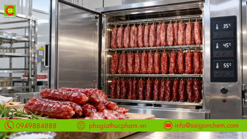 Kiểm soát nhiệt độ sấy theo từng giai đoạn giúp lạp xưởng khô đều mà vẫn giữ màu đỏ đẹp tự nhiên