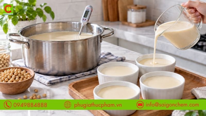 Kiểm soát nhiệt độ sữa đậu và thao tác rót nhẹ để thành phẩm đông đều, không xuất hiện bọt khí