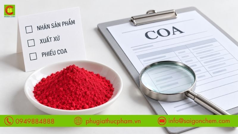 Kiểm tra nhãn trên bao bì, xuất xứ và phiếu COA khi chọn mua phẩm màu Amaranth