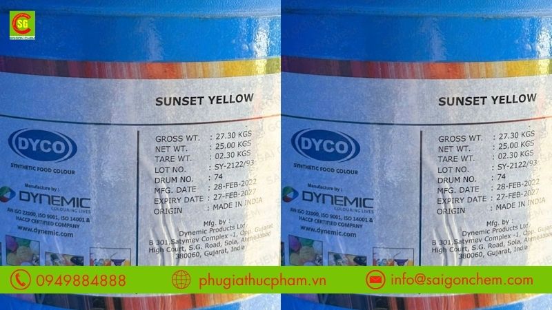 Kiểm tra xuất xứ, nhãn sản phẩm và phiếu COA khi chọn mua màu vàng cam Sunset Yellow