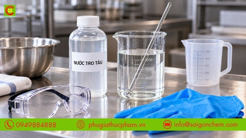 Lưu ý đeo găng tay và kính bảo hộ khi pha nước tro tàu bằng dụng cụ chuyên dụng trong khu vực chế biến thực phẩm