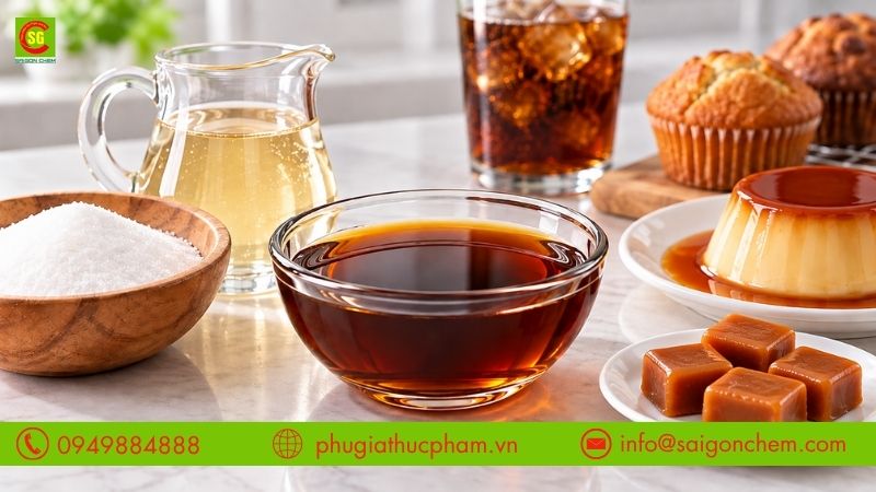 Màu caramel thực phẩm dạng lỏng màu nâu đậm được sản xuất từ quá trình gia nhiệt carbohydrate