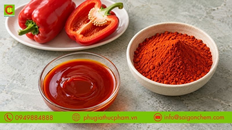 Màu đỏ ớt Paprika chiết xuất từ ớt ngọt, có dạng bột mịn mang sắc cam đỏ