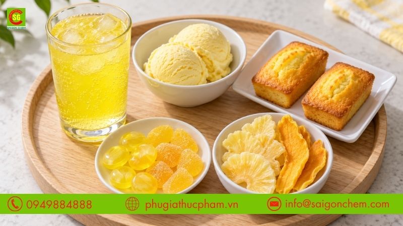 Màu vàng Quinoline Yellow tạo sắc vàng cho nước giải khát, kẹo, kem, bánh nướng và trái cây sấy