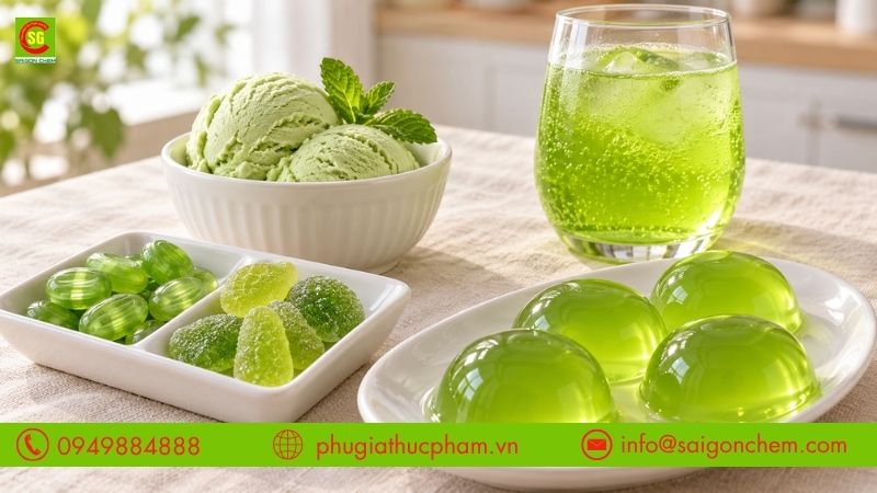 Màu xanh lá Pea Green tạo sắc xanh cho nước giải khát, kẹo, thạch và kem vị trái cây hoặc bạc hà