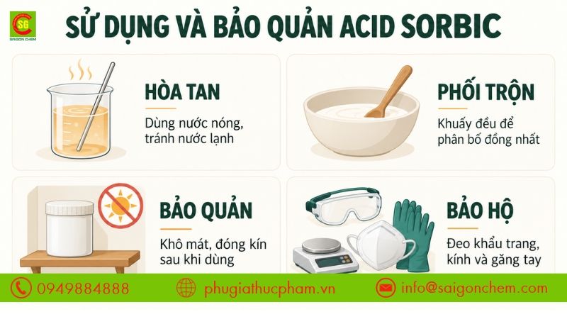Những lưu ý khi sử dụng và bảo quản acid sorbic giúp giữ chất lượng nguyên liệu và hạn chế rủi ro khi sử dụng