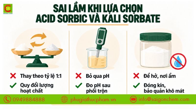 Những sai lầm thường gặp khi lựa chọn và sử dụng acid sorbic và kali sorbate có thể ảnh hưởng đến hiệu quả bảo quản và chất lượng thực phẩm