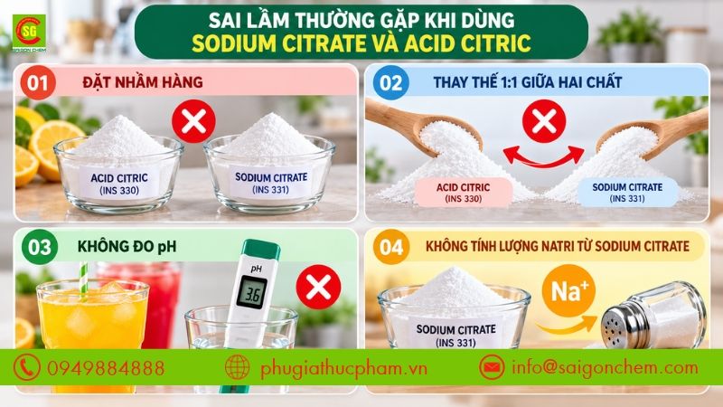 Những sai lầm thường gặp khi sử dụng sodium citrate và acid citric trong chế biến thực phẩm.