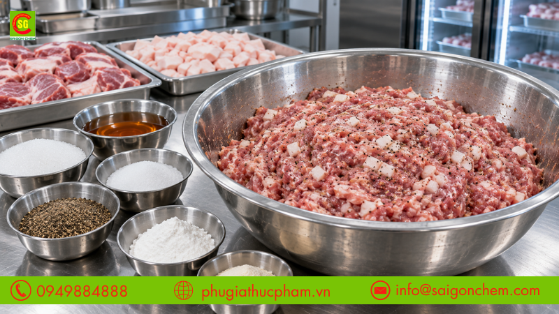 Phối trộn gia vị và phụ gia đồng đều trong quy trình sản xuất lạp xưởng để ổn định màu sắc và hương vị