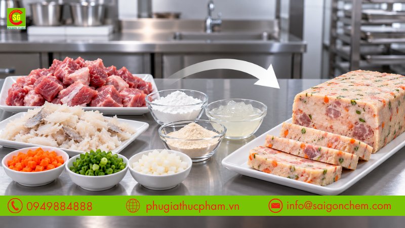 Phụ gia tạo liên kết giúp gắn kết các nguyên liệu rời thành khối chắc chắn trong chế biến thực phẩm