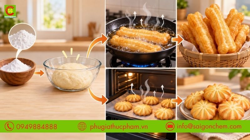 Quy trình chiên bánh quẩy trong và nướng bánh quy giúp tạo độ xốp đồng thời hỗ trợ khí amoniac thoát ra