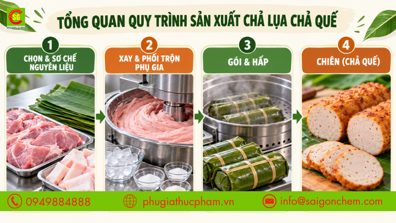 Quy trình sản xuất chả lụa chả quế gồm các bước chọn nguyên liệu, xay quết, phối trộn, gói, hấp và hoàn thiện thành phẩm