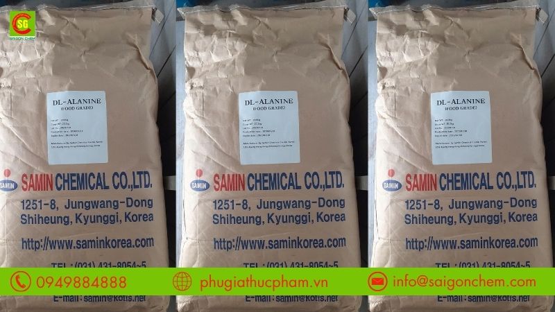 Sản phẩm DL-Alanine Hàn Quốc quy cách bao 20kg được Phụ Gia Thực Phẩm phân phối cho các cơ sở sản xuất thực phẩm tại TP.HCM