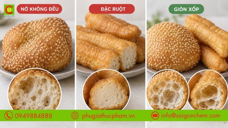 So sánh bánh tiêu nở không đều, bánh quẩy còn đặc ruột và thành phẩm giòn xốp đạt chuẩn