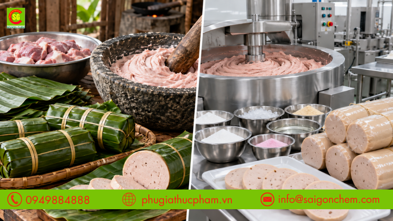 So sánh chả lụa truyền thống dùng thịt nóng với quy trình sản xuất công nghiệp có phụ gia hỗ trợ ổn định chất lượng