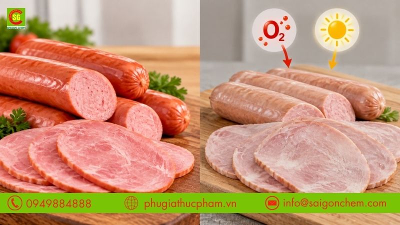 So sánh sản phẩm giữ màu tốt và thịt chế biến bị mất màu đỏ hồng do ảnh hưởng của oxy hóa, ánh sáng và quá trình ướp