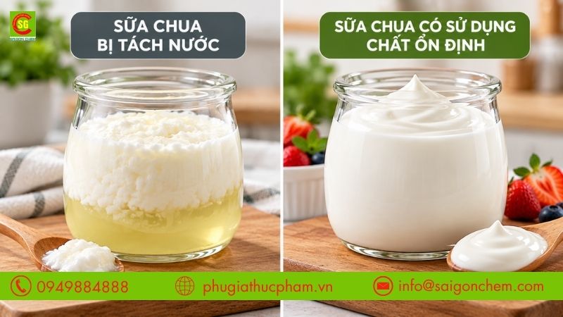 So sánh sữa chua bị tách nước và sữa chua có kết cấu đặc mịn nhờ sử dụng chất ổn định trong sữa chua