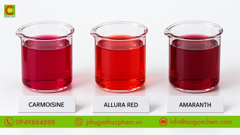 So sánh tông màu từ ba mẫu thử của màu Carmoisine, màu Allura Red và màu Amaranth