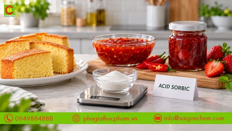 Sử dụng acid sorbic trong bánh, tương ớt và mứt với liều lượng phù hợp theo từng nhóm thực phẩm.
