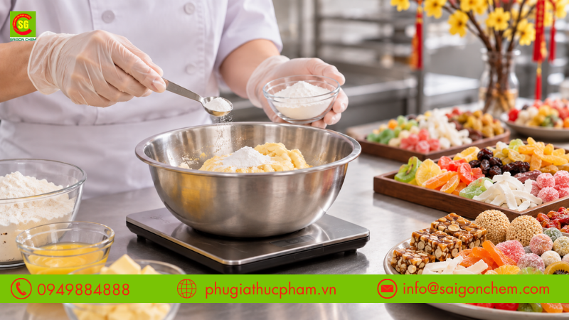 Sử dụng phụ gia làm bánh kẹo Tết đúng liều lượng giúp xưởng sản xuất đảm bảo chất lượng và an toàn thực phẩm