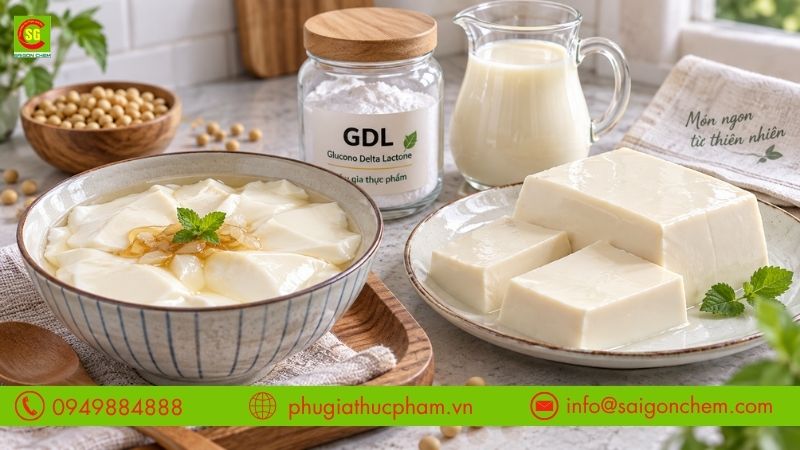Thành phẩm đậu hũ non và tào phớ mềm mịn được chế biến bằng phụ gia GDL