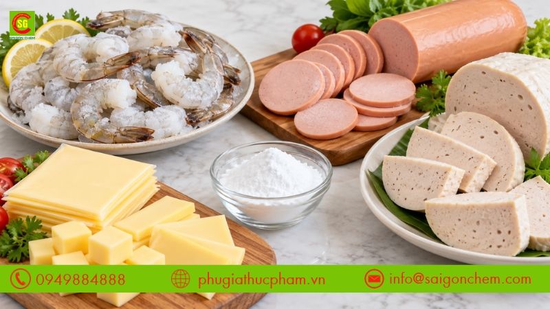 Tôm đông lạnh, giò chả, phô mai và xúc xích ứng dụng Tetrasodium Pyrophosphate để hỗ trợ giữ nước và ổn định kết cấu