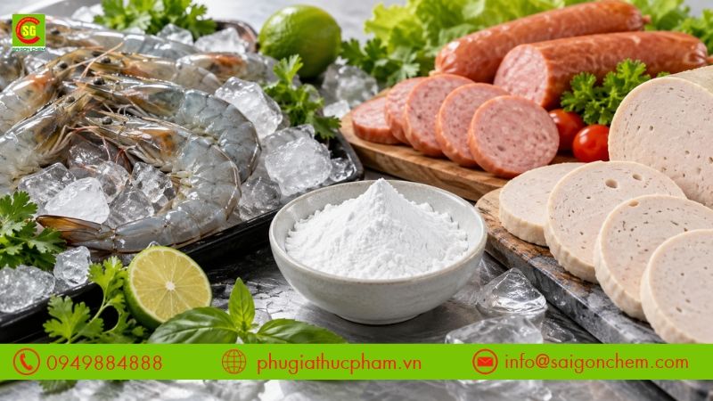 Tôm đông lạnh, xúc xích và giò chả ứng dụng phốt phát trong thực phẩm để hỗ trợ giữ nước và ổn định kết cấu