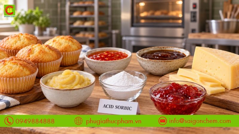 Ứng dụng acid sorbic trong làm bánh, tương ớt, nước sốt, mứt và phô mai để hỗ trợ kiểm soát nấm mốc, nấm men