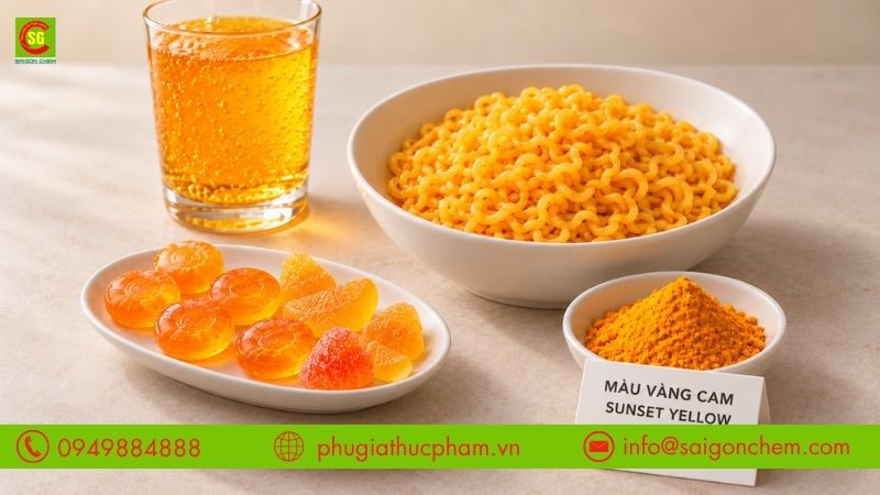 Ứng dụng màu vàng cam Sunset Yellow trong nước giải khát, mì ăn liền và bánh kẹo