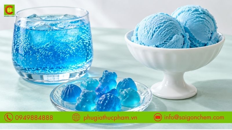 Ứng dụng màu xanh dương Blue tạo sắc xanh cho nước giải khát, kẹo dẻo và kem