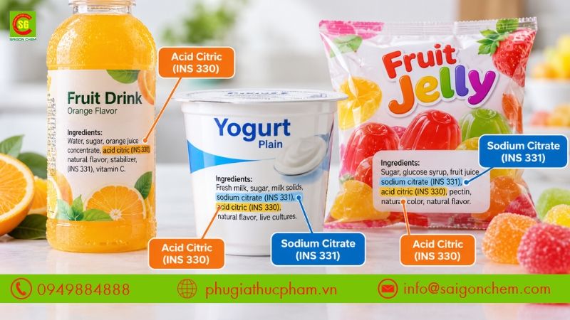 Ví dụ về nhãn phụ gia acid citric INS 330 và sodium citrate INS 331 trên bao bì thực phẩm