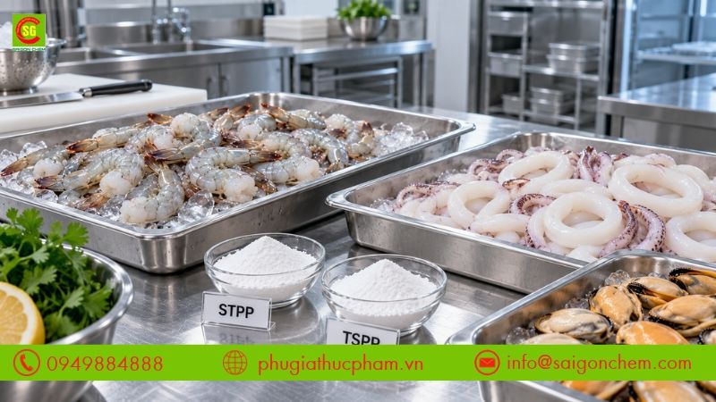 Xử lý tôm và hải sản bằng phốt phát giữ nước trước khi đưa nguyên liệu vào cấp đông